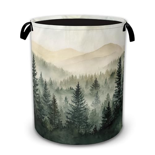 Collapsible Laundry Basket,Green Forest Waterproof Oxford Cloth Hamper with Handles,Misty Mountain 16 x 20.8 Inch Portable Storage Organizer for Laundry Room Bedroom - color: Green Forest,Misty Mountain