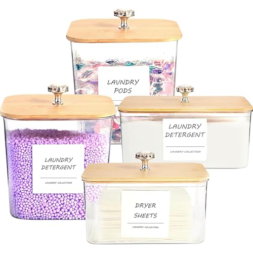 4 Pack Laundry Room Organization Storage Containers, Plastic Clear Laundry Pods Container & Dryer Sheet Holder Jars with Lids, Scoops & Labels for Detergent, Powder, Dryer Balls, Beads - color: 4pcs-square