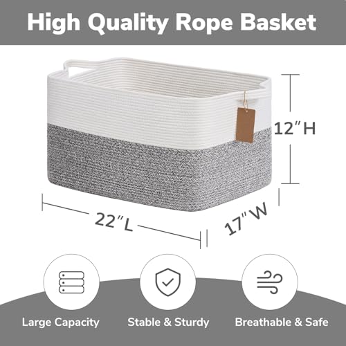 Goodpick 75L Extra Large Woven Rope Blanket Basket, Rectangle, Light Gray - color: Light Grey, size: 22"L x 17"W x 12"H