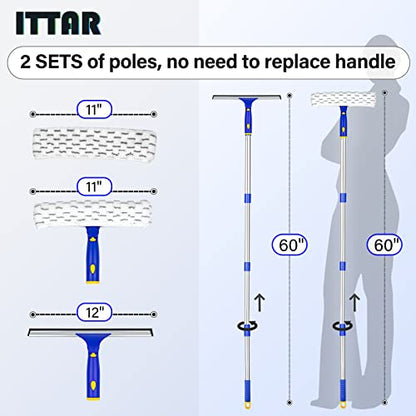 ITTAR Window Squeegee with 2 Sets Stainless Steel Pole, Squeegee Cleaning Tools with Microfiber Pads, 60"-72" Telescopic Window Washing Kit, Professional Squeegee Cleaner for Home Car Outside Glass