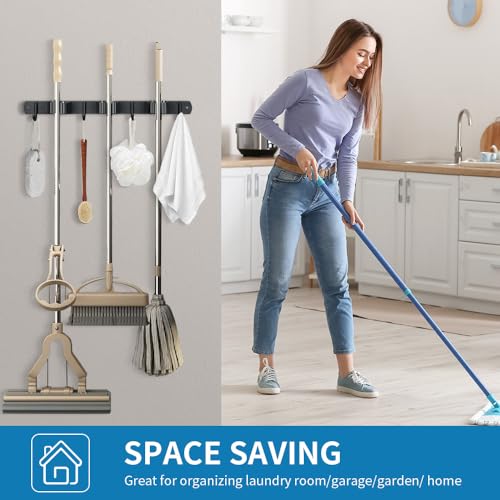 2 Pack Broom Hanger and Mop Holder, Heavy Duty Garden Tool Organizer Rack Rake and Shovel Handle, Stainless Steel Wall Mounted Utility Rack with Screws (3 Racks with 4 Hooks, Matte Black). - color: 2 Pack, size: 3R4H