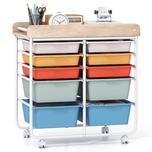 Giantex Rolling Storage Cart with 10 Drawers, Utility Cart w/Wooden Tabletop, Handle, Lockable Wheels, Multipurpose Organizer for Art Craft Scrapbooks Paper, Drawer Carts for School Office, Macaron - color: Macaron, size: 10 Drawer-25.5"x14.5"x26.5"