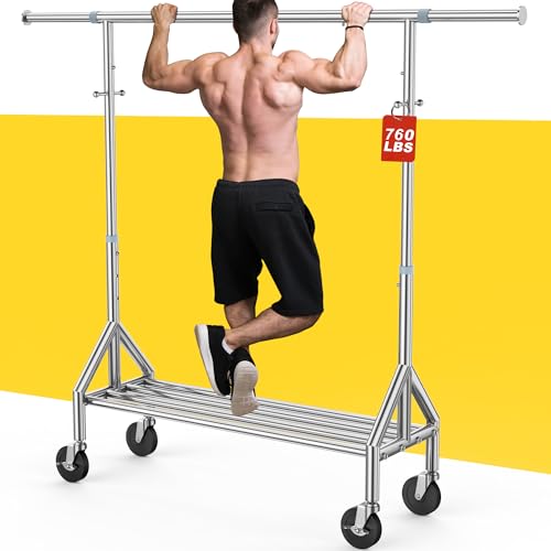 Upgraded 100% Stainless Steel Clothing Rack Load 760LBS, Heavy Duty Clothes Racks with Larger & Sturdy Wheel, Extendable & Adjustable Rolling Garment with Shelves for Hanging Portable Closet Rack - color: Silver, style: 1 Single Rod