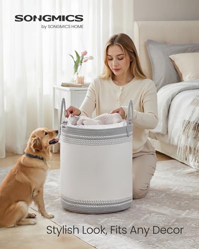 SONGMICS Laundry Hamper, Cotton Rope Basket with Handles, 15.8 Gallons - color: Cloud White + Dove Gray, size: 60 L