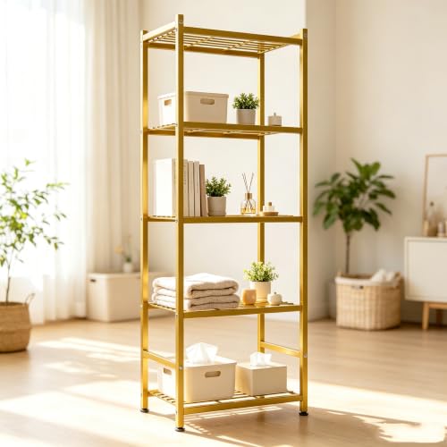 Storage Shelves, Metal Shelving Unit with Adjustable Feet, Shelf Organizer for Garage, Kitchen, Pantry and Closet Organization (Gold, 11.8" x 17.7" x 56.3") - color: Gold, size: 17.7" x 11.8" x 56.3"(5T)