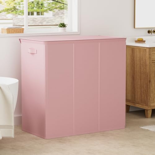 WOWLIVE 180L Laundry Hamper 3 Section, Large Laundry Basket with Lid - color: Pink, size: 180l (31.5"L x 12.5"W x 28"H)