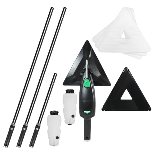 Unger Commercial - Indoor Window Cleaning Kit - 11 ft Stingray Refillable System with Extension Poles, Triangle Cleaning Pads and 2 Refill Bottles - SRKB1