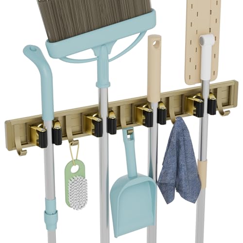 reliahom Broom Holder Wall Mount Mop Hanger Tools organizer 4Racks 5Hooks - color: Bronze