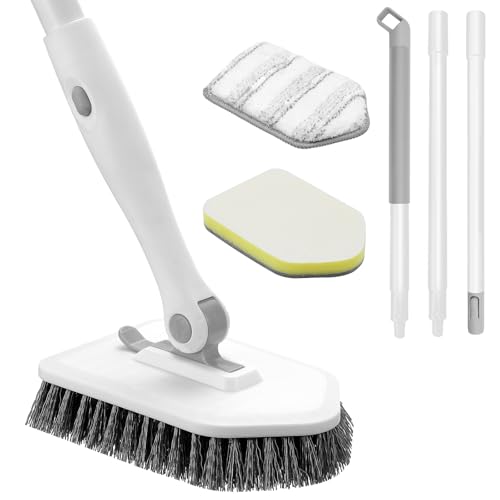 nacena Shower Scrubber with Long Handle, 3 in 1 Tile Tub Scrubber Brush with 3 Detachable Cleaning Heads Adjustable Handle Shower Cleaner Brush for Bathroom, Kitchen, Toilet, Wall, Sink, Grey White - color: Grey White, size: 2 pads