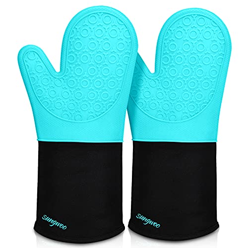Silicone Oven Mitts - 14.6" Heat Resistant Oven Gloves for Baking, Cooking - color: Turquoise & Black, size: 14.6in Oven Mitts