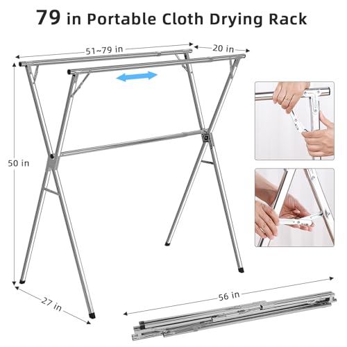 funest Drying Rack Clothing, 79 Inches Adjustble & Foldable Laundry Drying Rack, Heavy Duty Stainless Steel Clothes Drying Rack with 20 Hooks, 12 Clips, Suitable for Indoor, Outdoor and Balcony