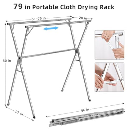 funest Drying Rack Clothing, 79 Inches Adjustble & Foldable Laundry Drying Rack, Heavy Duty Stainless Steel Clothes Drying Rack with 20 Hooks, 12 Clips, Suitable for Indoor, Outdoor and Balcony