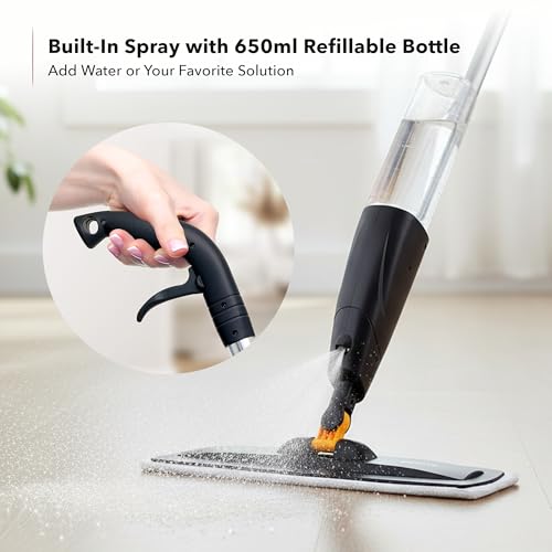 OVENTE Microfiber Spray Mop with 650ml Refillable Bottle, Black CTM121BGD
