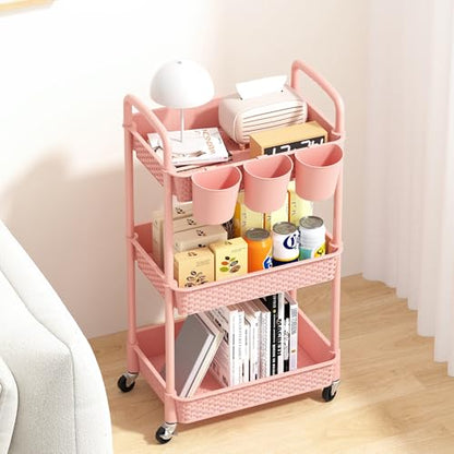 MOYIPIN 3-Tier Plastic Rolling Utility Cart with Handle,Pink - color: Pink, size: 3-Tiers with cups