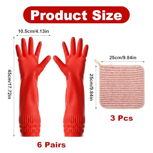 6 Pairs 17.8In Dishwashing Gloves with 3 Microfiber Towels, Waterproof Rubber Gloves for Kithen, Pet Care, Bathroom, Laundry, Car Washing (Red)