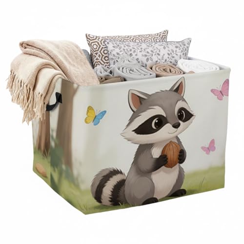Raccoon Laundry Hamper with Handles,Large 56L Foldable Square Clothes Basket Multi‑Use Blanket Storage Bins for Organizing Books,Toys,Gifts,Room Decoration,Laundry Room,Dorm Nursery - color: Raccoon
