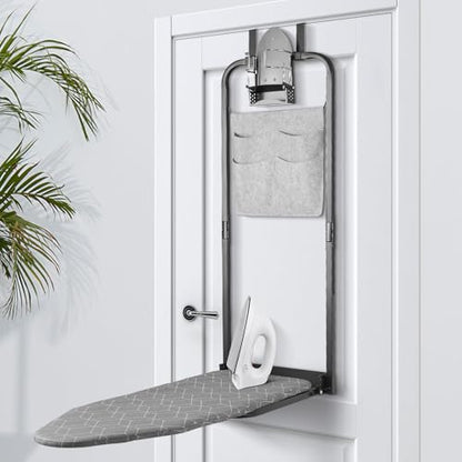 Seiritex Over the Door Ironing Board 14x42 inches with Iron Holder and Pocket Storage Bag, Hanging Iron Board for Home Laundry Room, Black - size: 14x42 inches