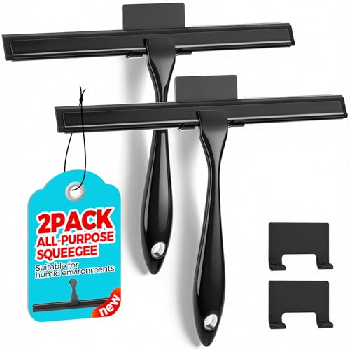 ALFLOD 2pcs Shower Squeegee for Glass Doors with Adhesive Hanging Hook Set - color: Black, size: 10 Inch