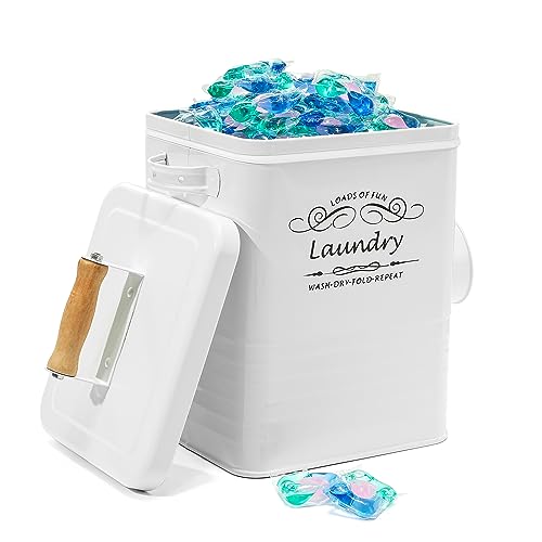 SSTATES Laundry Room Organization Set, Metal Laundry Detergent Pods Container and Dryer Sheet Holder with Lid, Laundry Powder Storage Bin with Scoop for Farmhouse Decor, (2 Pack, White)
