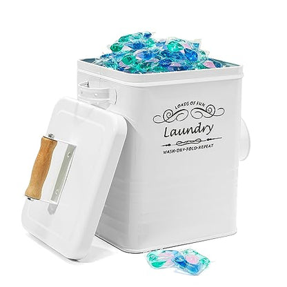 SSTATES Laundry Room Organization Set, Metal Laundry Detergent Pods Container and Dryer Sheet Holder with Lid, Laundry Powder Storage Bin with Scoop for Farmhouse Decor, (2 Pack, White)
