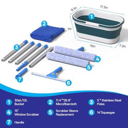 Professional Window Glass Cleaning Kit with 14" Window Squeegee & 15" Scrubber, 3 Gallon Collapsible Bucket, 76 Inch Spliced Pole Complete Glass Washing Tools for Indoor Outdoor Home Car Cleaning