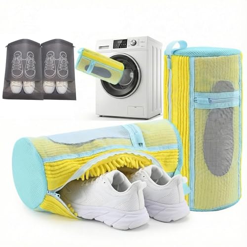 2Pack Shoe Washing Machine Bag, Reusable Laundry Shoe Bag, Suitable for Sports Shoes, Sneakers, and Slippers, Includes 2 Shoe Storage Dust Bags（Yellow) - color: Yellow