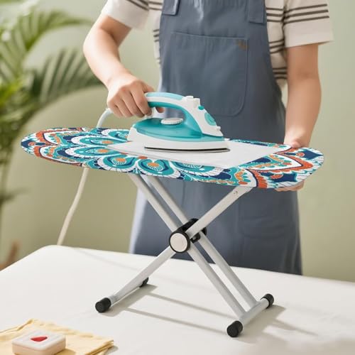 Mandala Flower Pattern Ironing Board Cover - Anti Slip, Elastic Edge Stain Resistant Ironing Pad Cover, Tabletop Ironing Board Cover Only 14"x24" - color: Green - Turquoise Mandala Flower Pattern