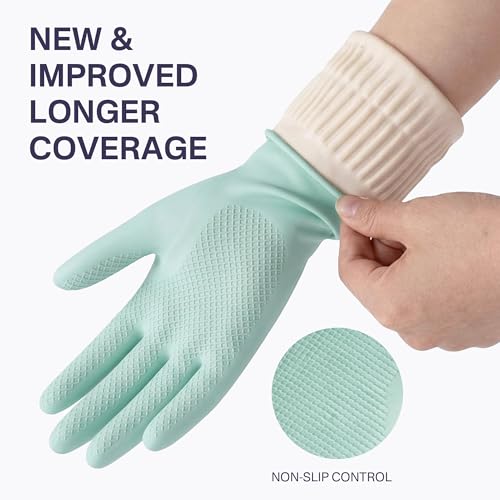 Rubber Dishwashing Gloves, 3 Pairs, Long Cuff Cleaning Gloves - color: Green (3 Pairs), size: Large