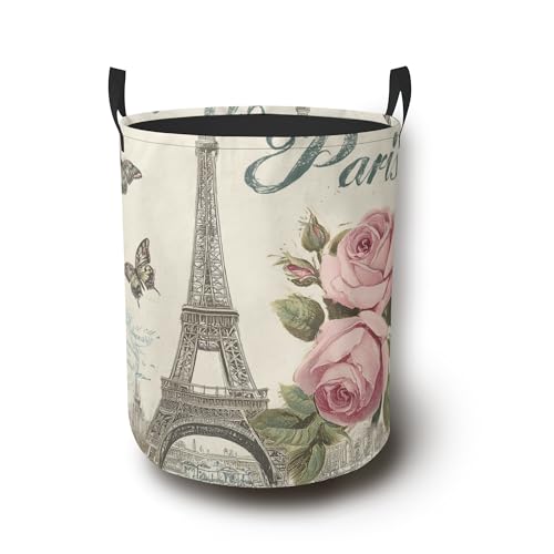 Eiffel Tower Butterfy Laundry Basket with Handles,Pink Rose Waterproof Clothes Organizer Bin Collapsible Storage Basket for Bedroom Bathroom Dorm Room 16" x 20.8" - color: Eiffel Tower Butterfy Pink Rose