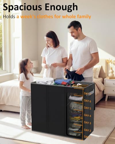 Optish 180L Laundry Hamper 3 Section, Large Hamper with Mesh Bags & Lid - color: Black