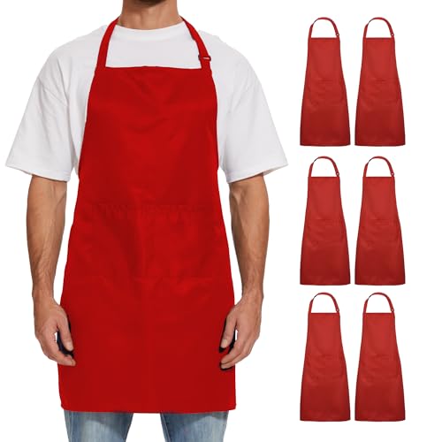Will Well Kitchen 2 Pack Bib Apron For Men & Women with 2 Pockets - Red - color: 05 - Red, size: 6 Pack