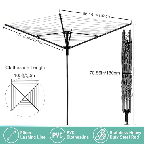 Nisorpa Outdoor Umbrella Drying Rack,12 Lines with 165 Feet Umbrella Clothesline Outdoor Dryer Clothes Line, 4 Arm Steel Frame Adjustable Height Retracting Collapsible Clothes Drying Rack for Backyard