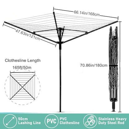 Nisorpa Outdoor Umbrella Drying Rack,12 Lines with 165 Feet Umbrella Clothesline Outdoor Dryer Clothes Line, 4 Arm Steel Frame Adjustable Height Retracting Collapsible Clothes Drying Rack for Backyard