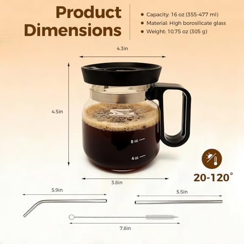 16 Oz Glass Coffee Pot Mug, Heat Resistant Clear Cup with Handle & Spill-proof Lid, Large Capacity Ultra Portable Travel Office Mug, Comes with Straw & Cleaning Brush, Ideal Gift for Coffee Lovers