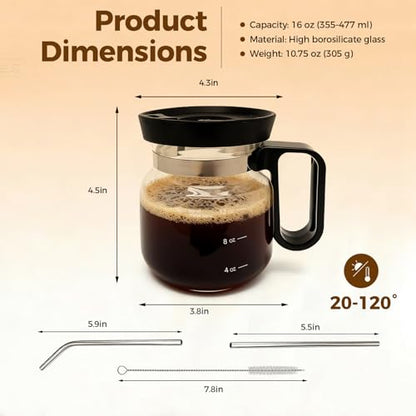 16 Oz Glass Coffee Pot Mug, Heat Resistant Clear Cup with Handle & Spill-proof Lid, Large Capacity Ultra Portable Travel Office Mug, Comes with Straw & Cleaning Brush, Ideal Gift for Coffee Lovers