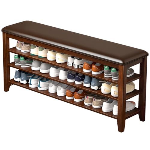 Taitiy Shoe Bench with 3 Tier Adjustable Shelves Rubberwood Entryway 47.2'' - color: Walnut, size: 47.2''