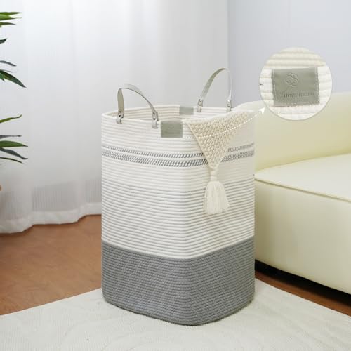 danpinera 75L Woven Laundry Hamper with Long Leather Handles, Baby Laundry Basket for Nursery, Tall Hampers for Bedroom Aesthetic, Decorative Clothes Storage Basket for Family White & Gray - color: White & Gray, size: 75L Square