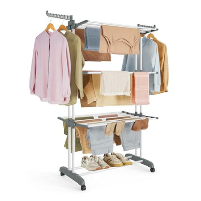 SONGMICS 4-Tier Clothes Drying Rack, Foldable, Rolling, 66.6-Inch Tall - color: White + Gray, style: 4-Tier