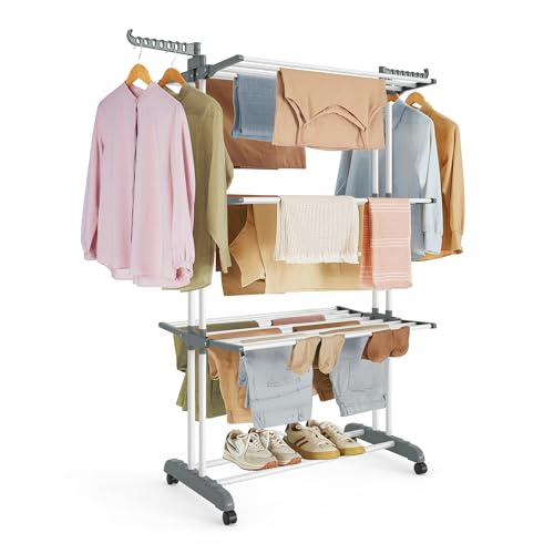 SONGMICS 4-Tier Clothes Drying Rack, Foldable, Rolling, 66.6-Inch Tall - color: White + Gray, style: 4-Tier