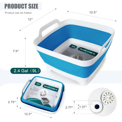 FOSJGO Collapsible Dish Basin with Drain Plug, Foldable Sink, 2.4 Gal (9L) - color: Sky Blue