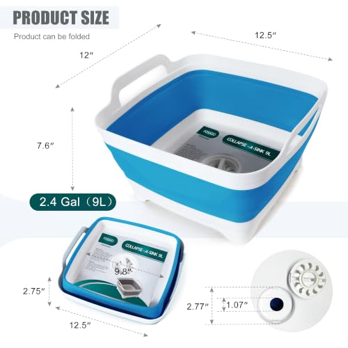 FOSJGO Collapsible Dish Basin with Drain Plug, Foldable Sink, 2.4 Gal (9L) - color: Sky Blue