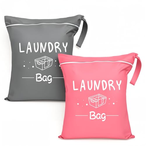 2 Pcs Large Travel Laundry Bags, 19 x 15 Inches Waterproof Wet Dry Bag for Dirty Clothes, Washable Zippered Laundry Bag for Gym, Beach, Swimming and College Dorm, Pink & Grey