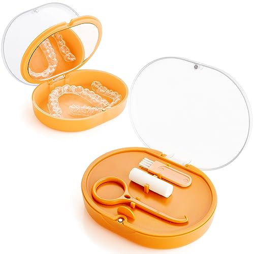 New Double-layer Aligner Case with Belt Chewing,Removal Tool,Cleaning Brush,Built in Mirror Orthodontic Case - color: orange