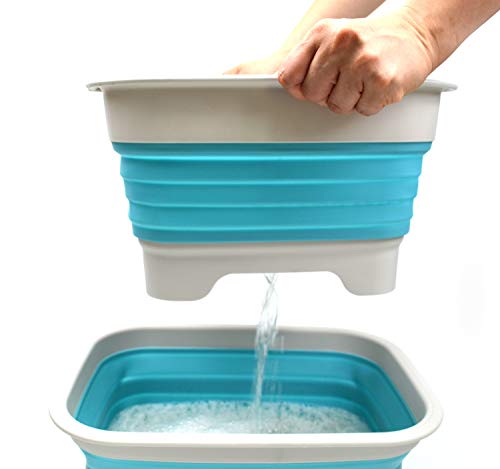 SAMMART 9.1L (2.4Gallon) Collapsible Dishpan with Draining Plug - Foldable Washing Basin - Portable Dish Washing Tub - Space Saving Kitchen Storage Tray (1, Grey/Brigt Blue) - color: Grey/Brigt Blue