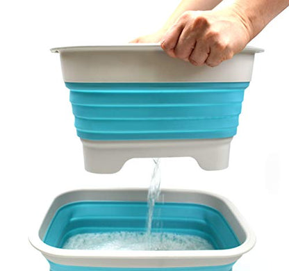 SAMMART 9.1L (2.4Gallon) Collapsible Dishpan with Draining Plug - Foldable Washing Basin - Portable Dish Washing Tub - Space Saving Kitchen Storage Tray (1, Grey/Brigt Blue) - color: Grey/Brigt Blue