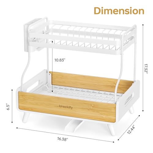 Urackify 2-Tier Stainless Steel&Bamboo Dish Rack for Kitchen Counter,White - color: White, size: 2 Tier