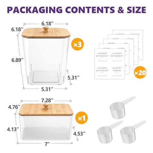 3+1 Pack Bamboo Laundry Pods Container, Clear Laundry Room Organization Containers,Large Laundry Detergent Powder Storage Containers Lids & Labels, Acrylic Laundry Pods Holder for Scent Booster - color: Bamboo, size: 3+1 pack