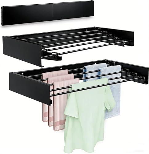 Wall Mounted Laundry Drying Rack, Carbon Steel Foldable & Retractable Clothes Drying Rack, Space Saving Adjustable Towel Holder for Bathroom, Laundry, Small Spaces (1, Black, 50cm) - color: Black, size: 19.69"