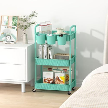 MOYIPIN 3-Tier Plastic Rolling Utility Cart with Handle,Turquoise - color: Turquoise, size: 3-Tiers with cups