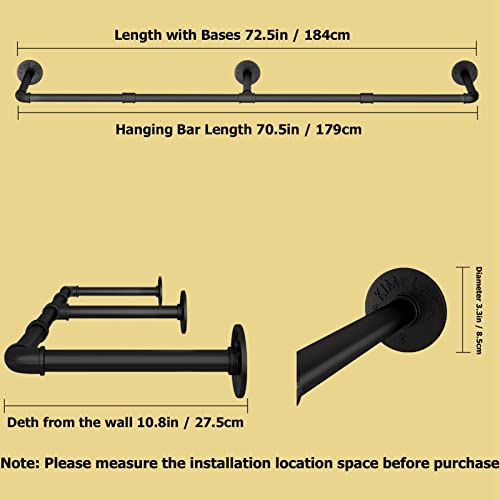 Wall Mounted Clothes Rack, 72.5in Industrial Pipe Clothing Rack for Hanging Clothes, Heavy Duty Garment Rack Wall, Space-Saving Bar, Multi-Purpose Hanging Rod for Laundry Room, Bedroom, 2Packs - size: 72.5Inches